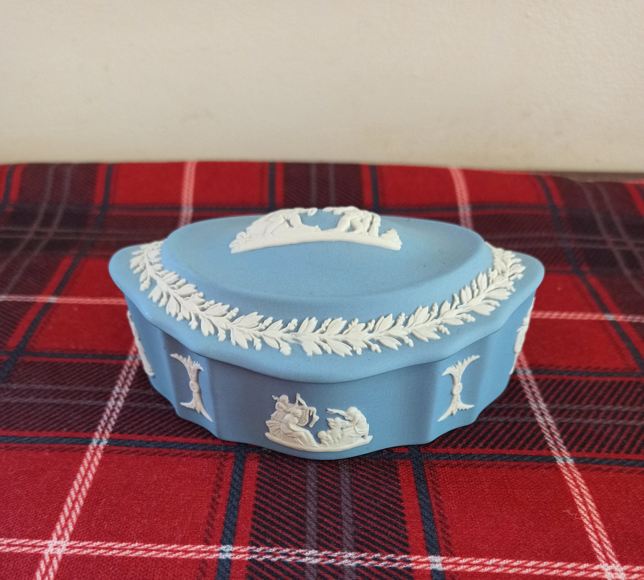 Wedgwood Blue And White, Oval Jasperware Jewellery / Trinket Box. Very Good Condition.