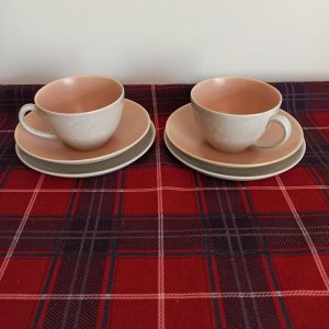 Poole Pottery Cups, Saucers  And Cake Plates . Twin Tone, Peach and Seagull Blue. Very Good Condition. 1960s.
