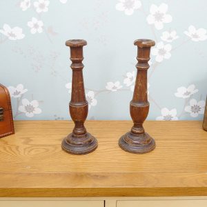 Pair of Vintage 1930s Turned Wood Candlestick Holders - 28cm tall