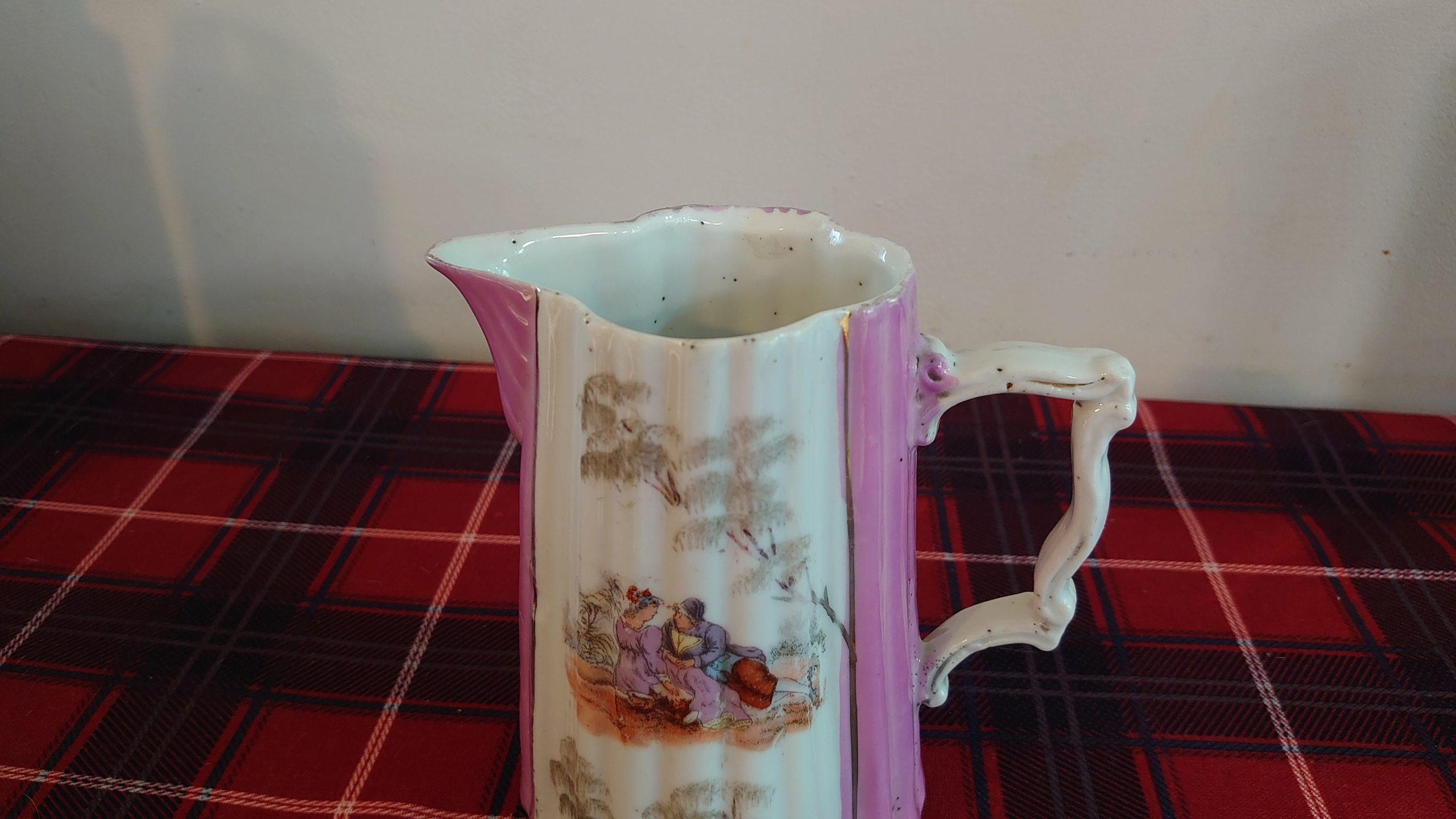 German Pink and White Decorative Milk Jug - Man and Woman Sitting - 14cm tall - Image 3
