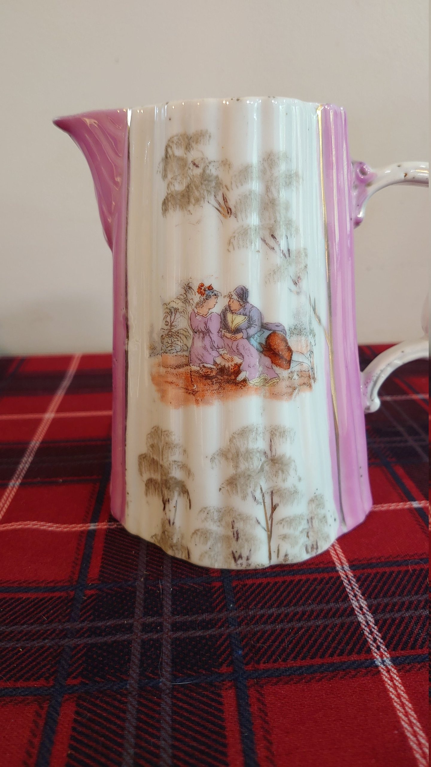 German Pink and White Decorative Milk Jug - Man and Woman Sitting - 14cm tall - Image 4