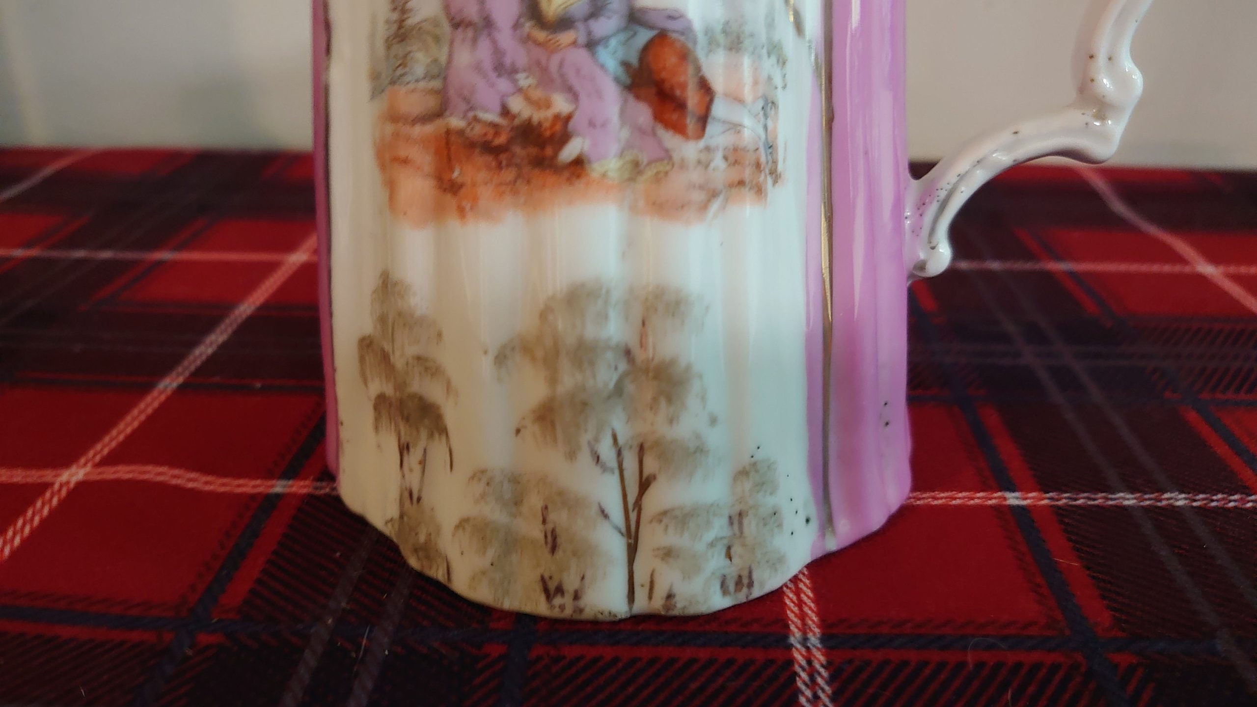 German Pink and White Decorative Milk Jug - Man and Woman Sitting - 14cm tall - Image 6