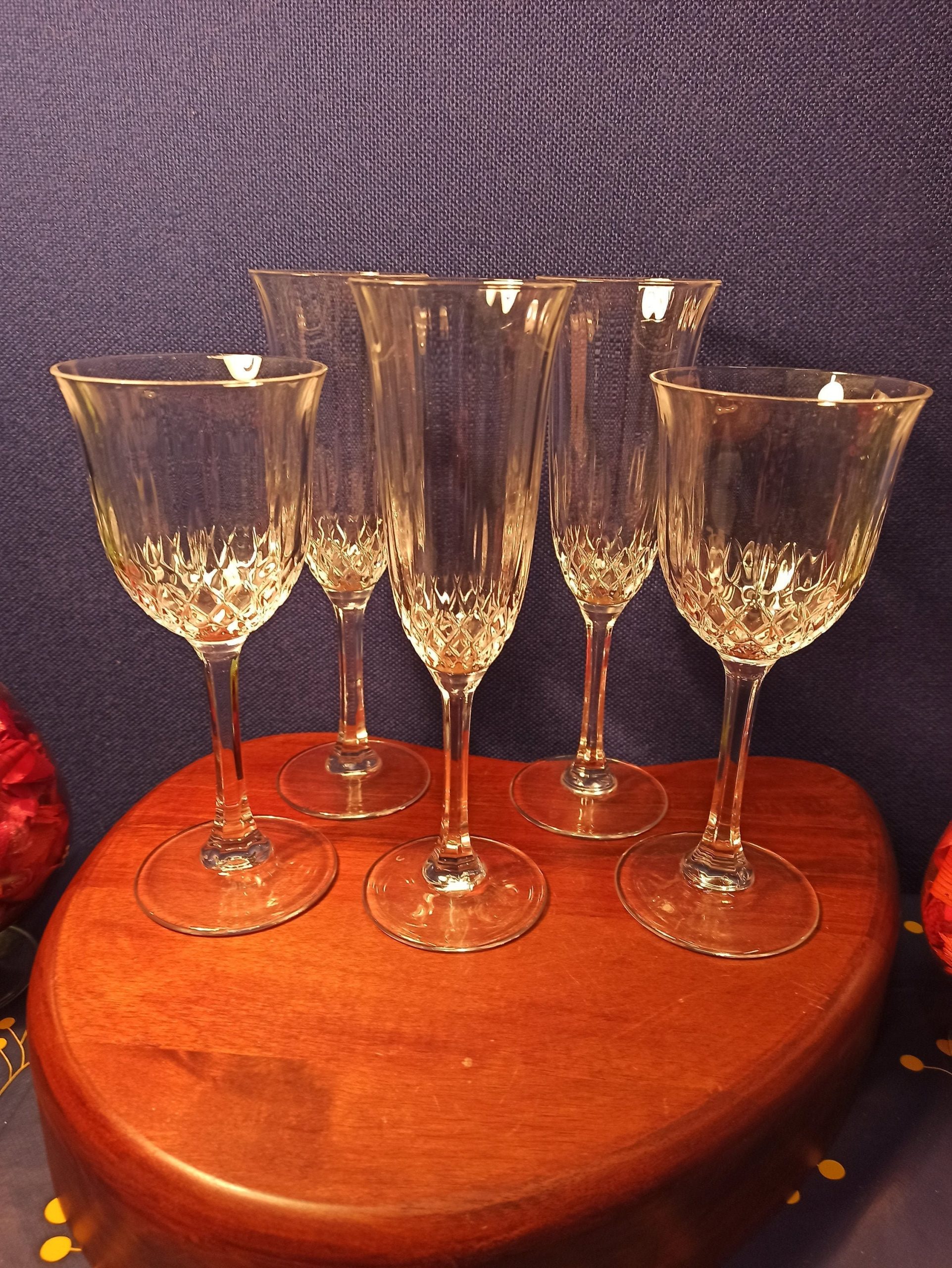 Set of 3 Champagne Flutes And 2 Lead Crystal Wine Glasses. Excellent Condition.