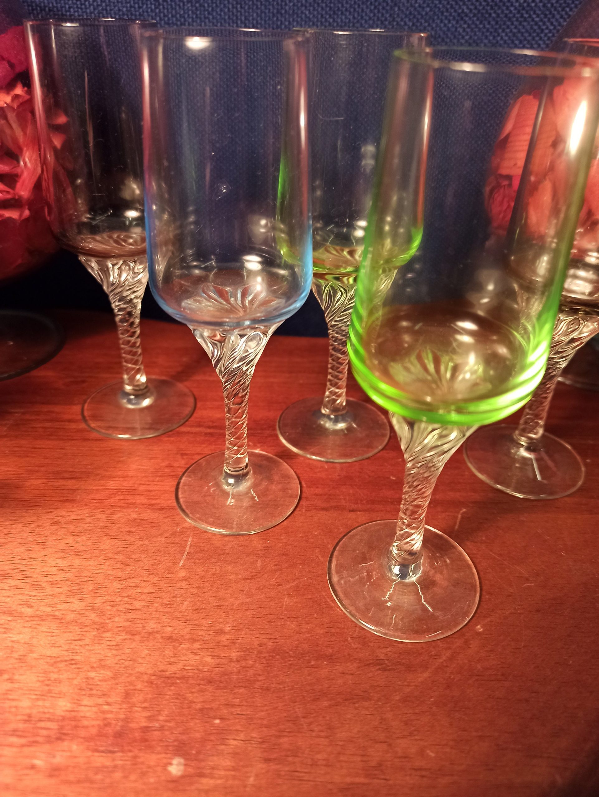 Set of 8 Liqueur / Sherry Glasses. Barley Twist Stem. Various Colours. Very Good Condition. - Image 7