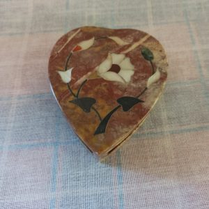 Indian or African Carved Stone Heart Shaped Trinket Box With Inlayed Mother Of Pearl.