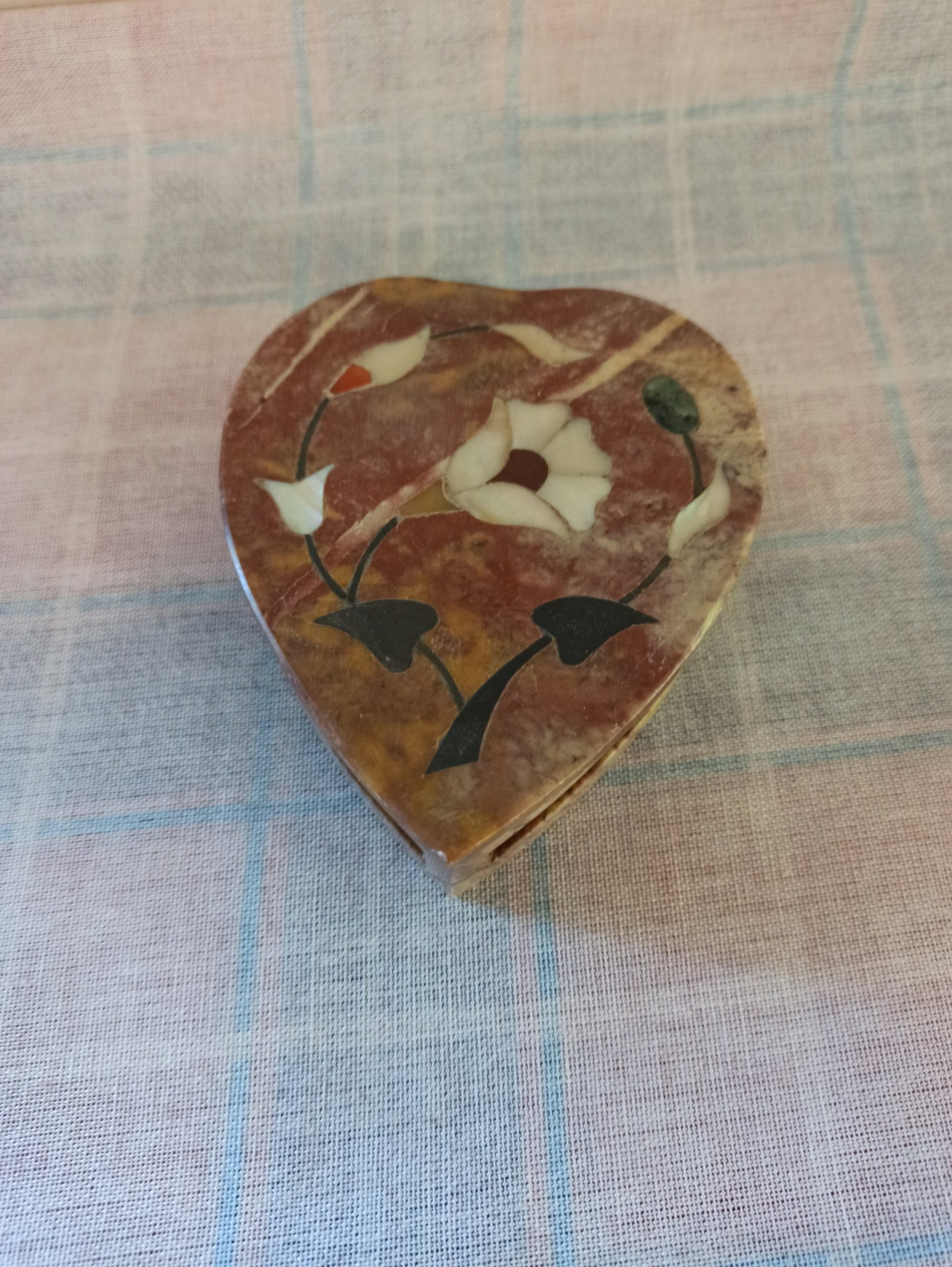 Indian or African Carved Stone Heart Shaped Trinket Box With Inlayed Mother Of Pearl.