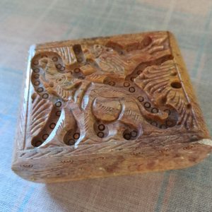 Carved Stone Trinket / Jewellery Box With Hinged Lid. Carved Elephant on Lid.