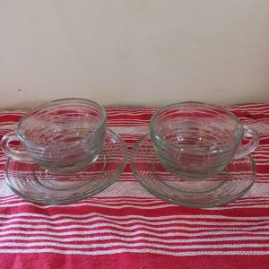 Pair Of Clear Glass Cups With Saucers. Very Good Condition.