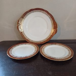 Set of 3 Duchess Winchester Fine Bone China Decorative Plates - 1 x Sandwich Plate and 2 x Side Plates. Red And Gold. Very Good Condition.