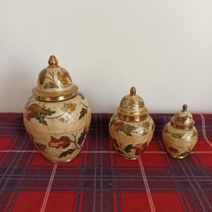 Set of Three Cloisonne Enamelled Brass Graduated Ginger Jar Ornaments.