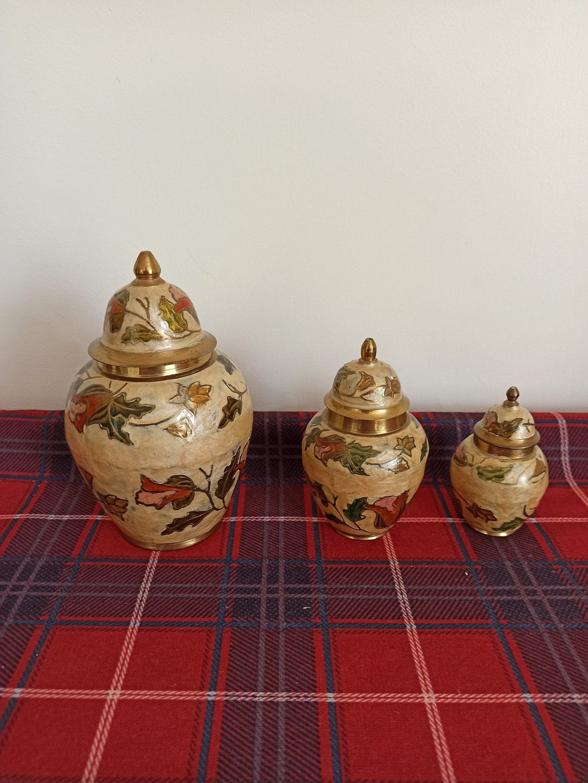 Set of Three Cloisonne Enamelled Brass Graduated Ginger Jar Ornaments.