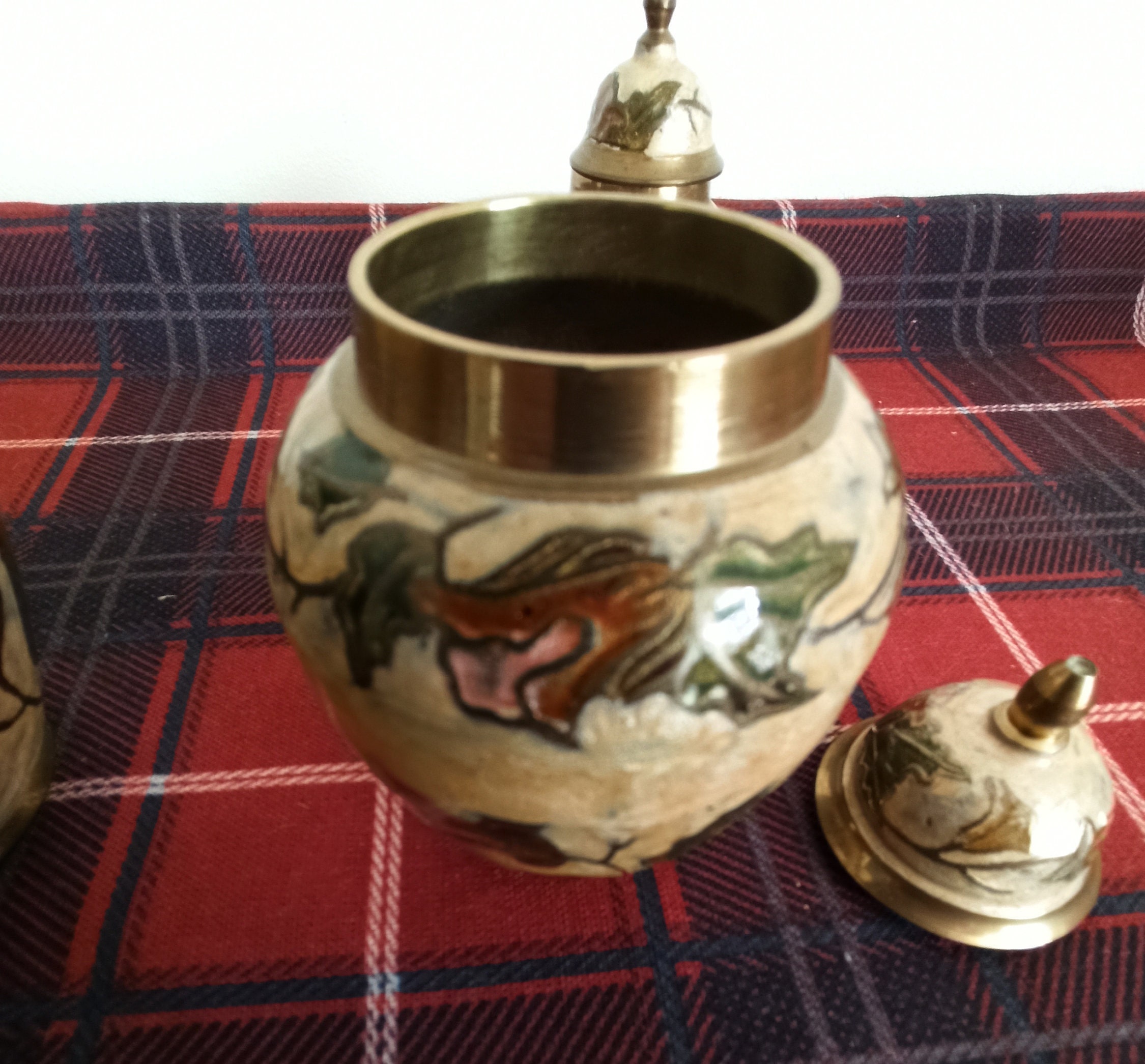 Set of Three Cloisonne Enamelled Brass Graduated Ginger Jar Ornaments. - Image 7