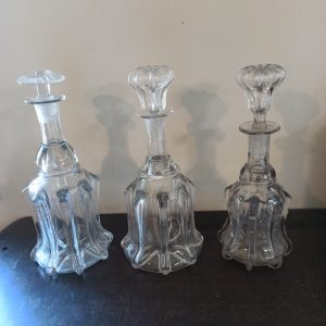 Set of 3 Victorian Glass Decanters. Circa 1852. Bell Shaped, Pillar Decanters. Different Sizes.