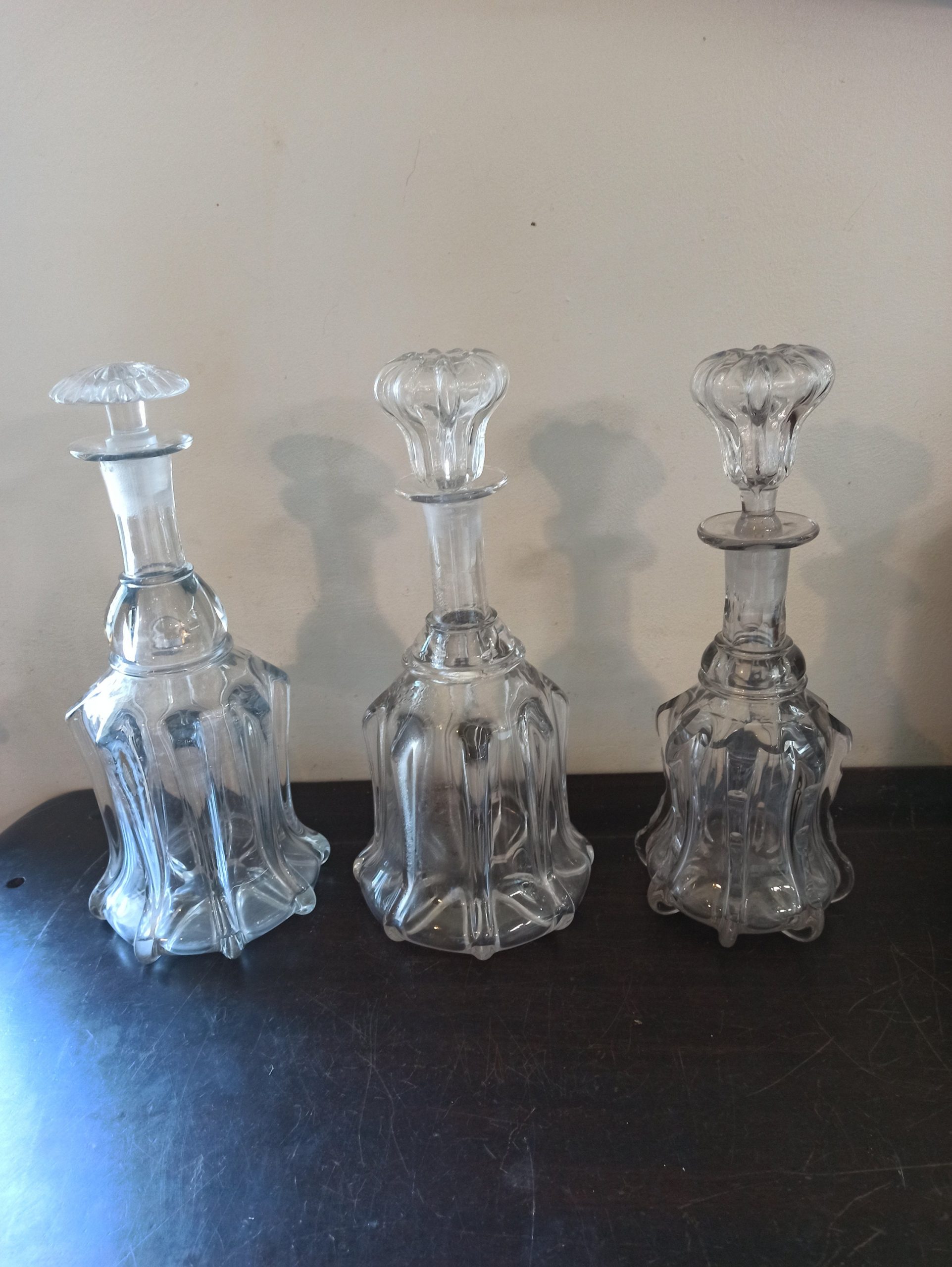 Set of 3 Victorian Glass Decanters. Circa 1852. Bell Shaped, Pillar Decanters. Different Sizes.