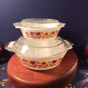 Pair of Retro Casserole Dishes. 1970s. Floral Design.