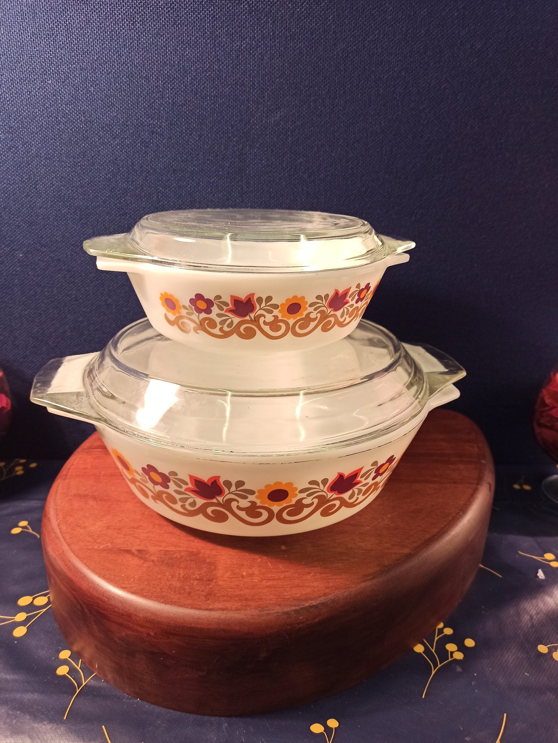 Pair of Retro Casserole Dishes. 1970s. Floral Design.