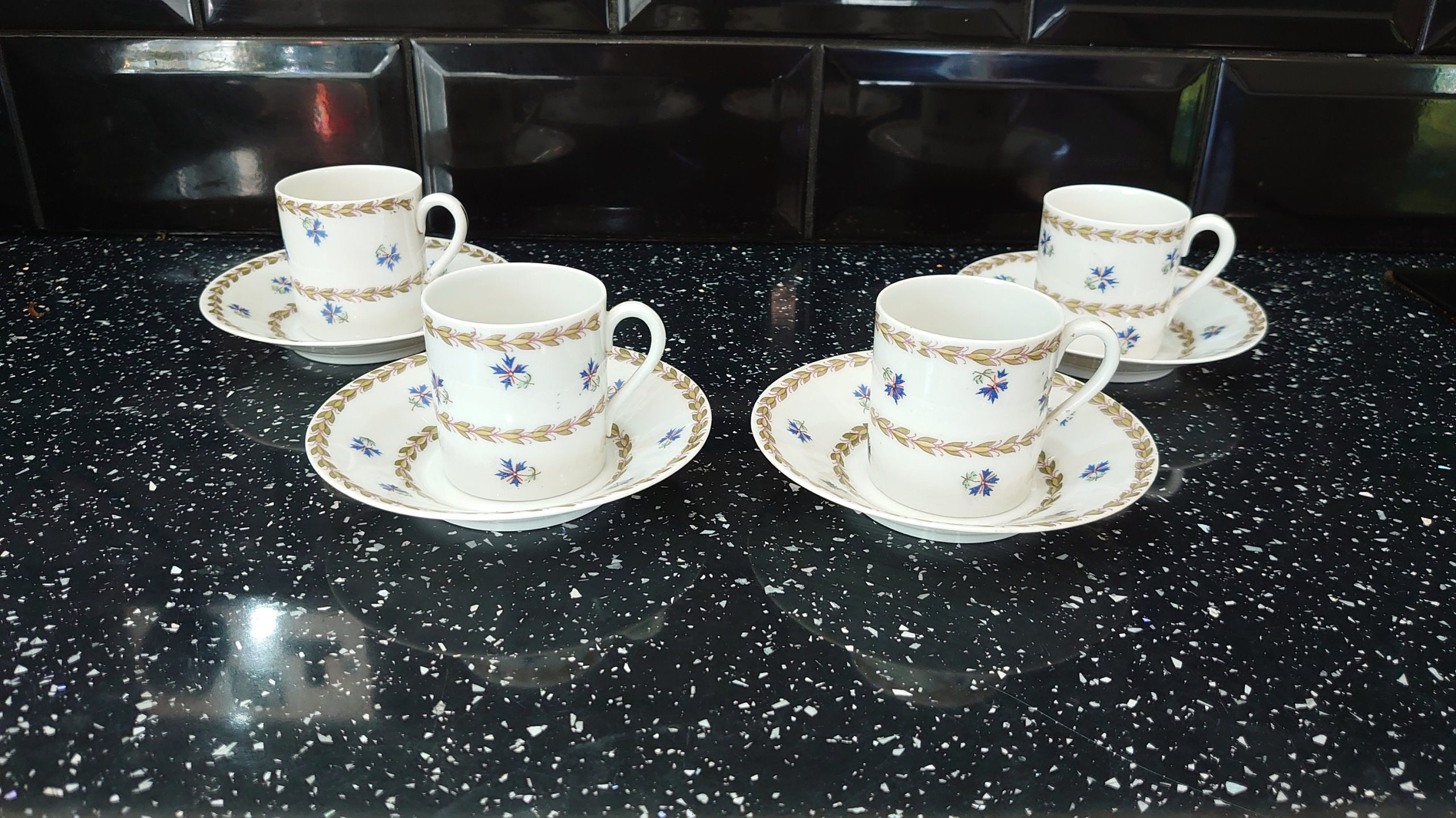 Vintage Austrian Ceramic Demitasse Tea Set - 4 Cups and Saucers - Blue Floral Embellishments - Very Good Condition - Image 2