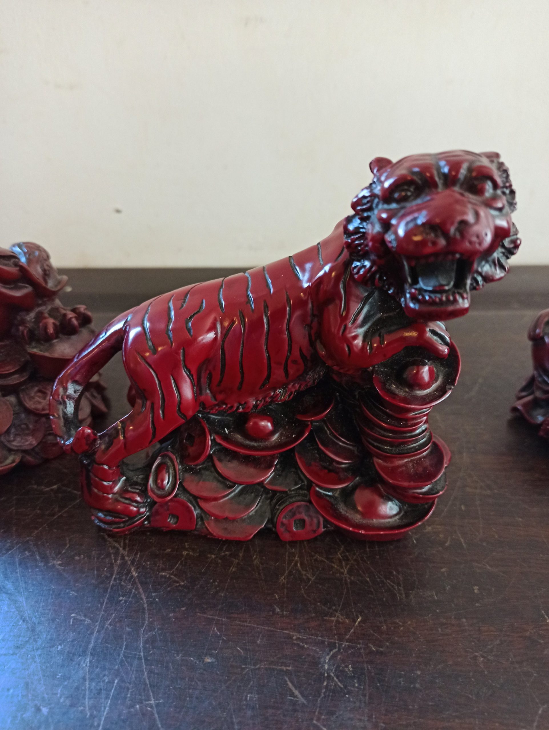 Vintage Deep Red Heavy Resin Ornaments. Buddha, Toad and Tiger - Image 5