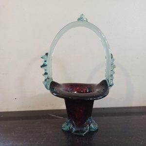 Vintage Ruby Red Mottled Glass Ornamental Basket. Very Good Condition.
