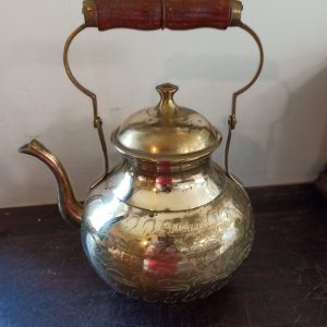 Brass Kettle With Wooden Handle. Very Decorative. Made In India. Very Good Condition.