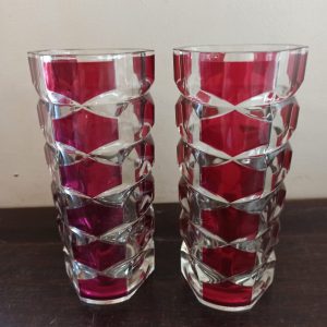 A Pair of Retro French Block Patterened Ruby & Clear Glass circa 1970s