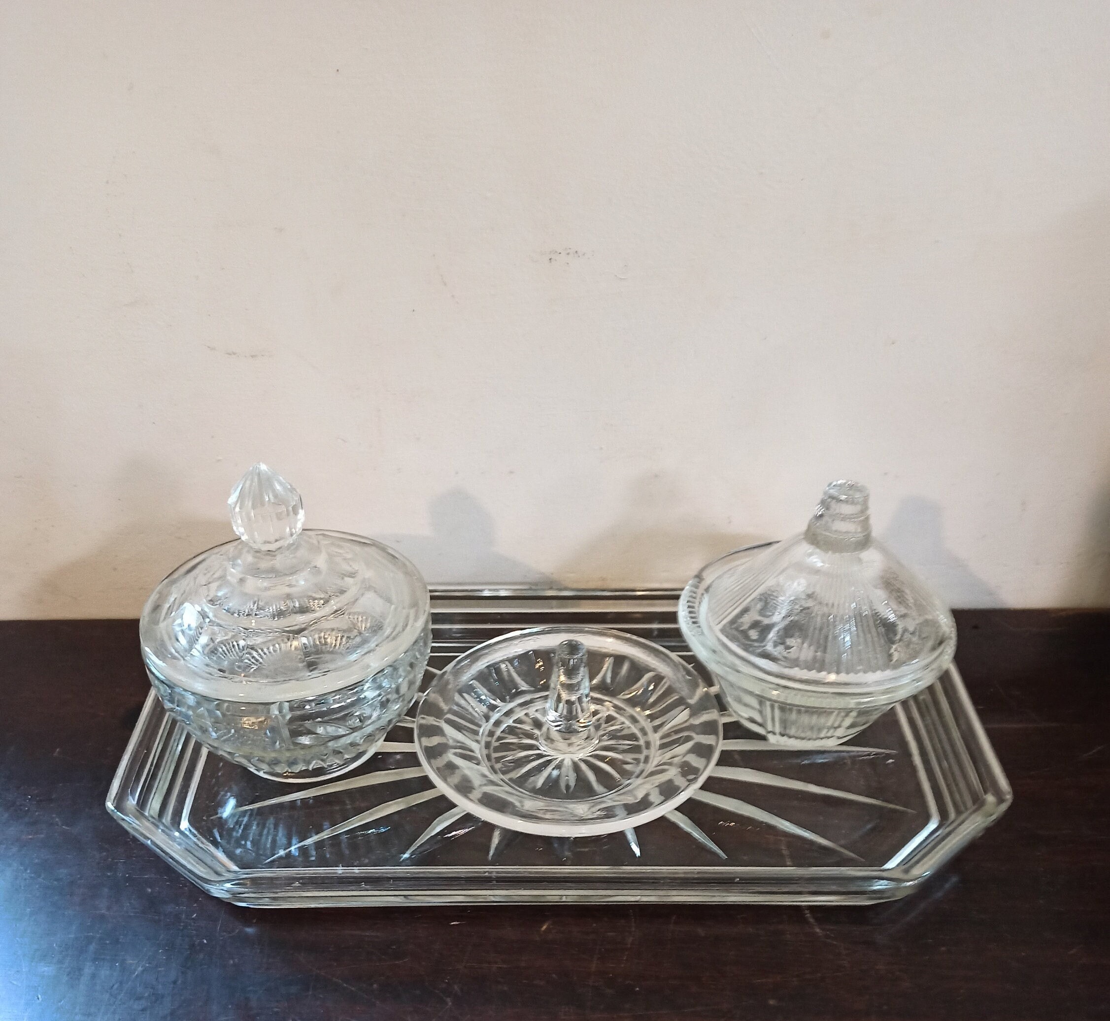 Dressing Table Vanity Set. 2 x Powder Jars And 1 x Ring Holder. Good Condition.