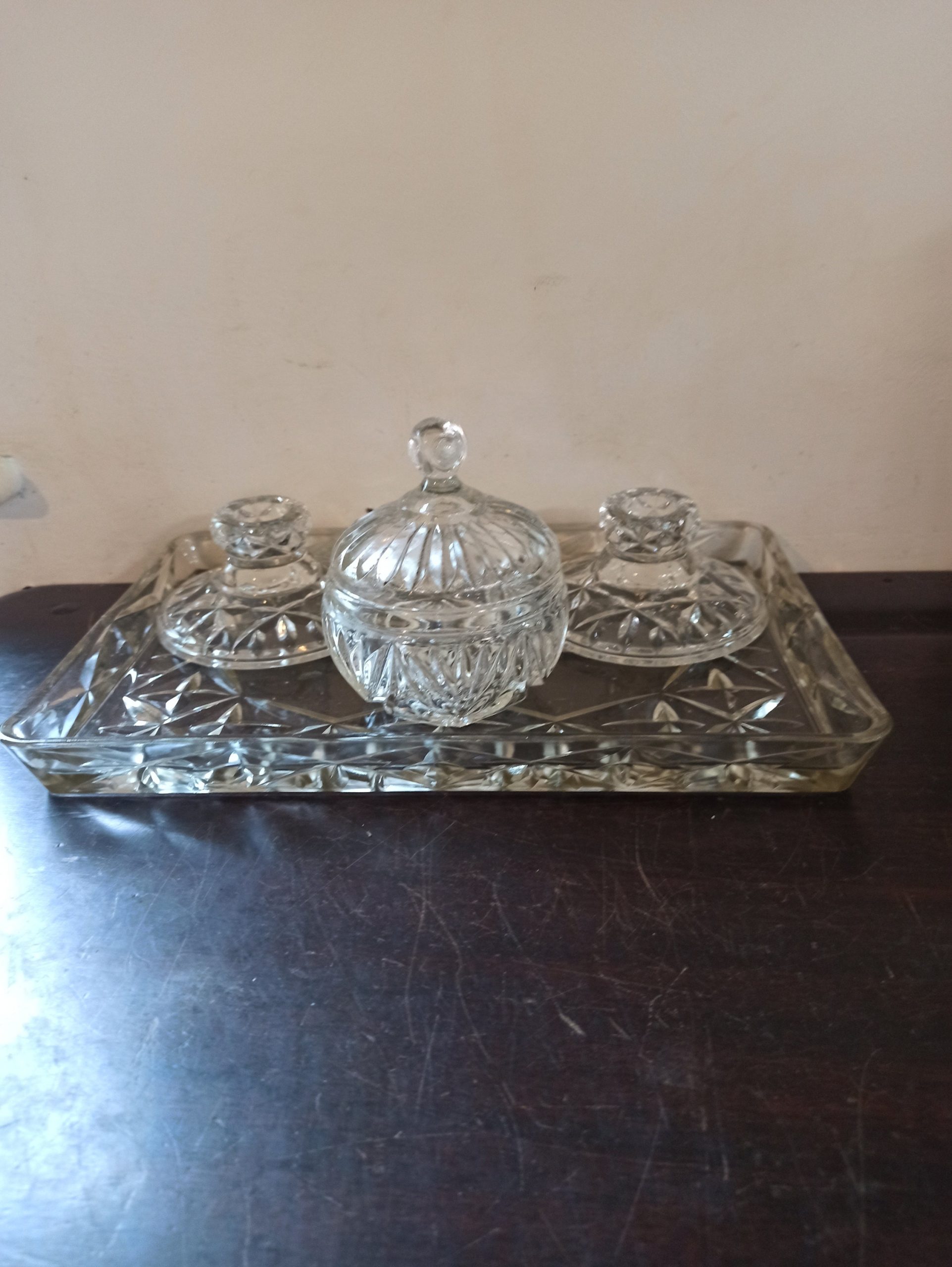 Vintage 4 Piece Glass Vanity Set. Very Good Condition. 2 x Small Candlesticks, 1 x Powder Jar x 1 x Tray. - Image 2