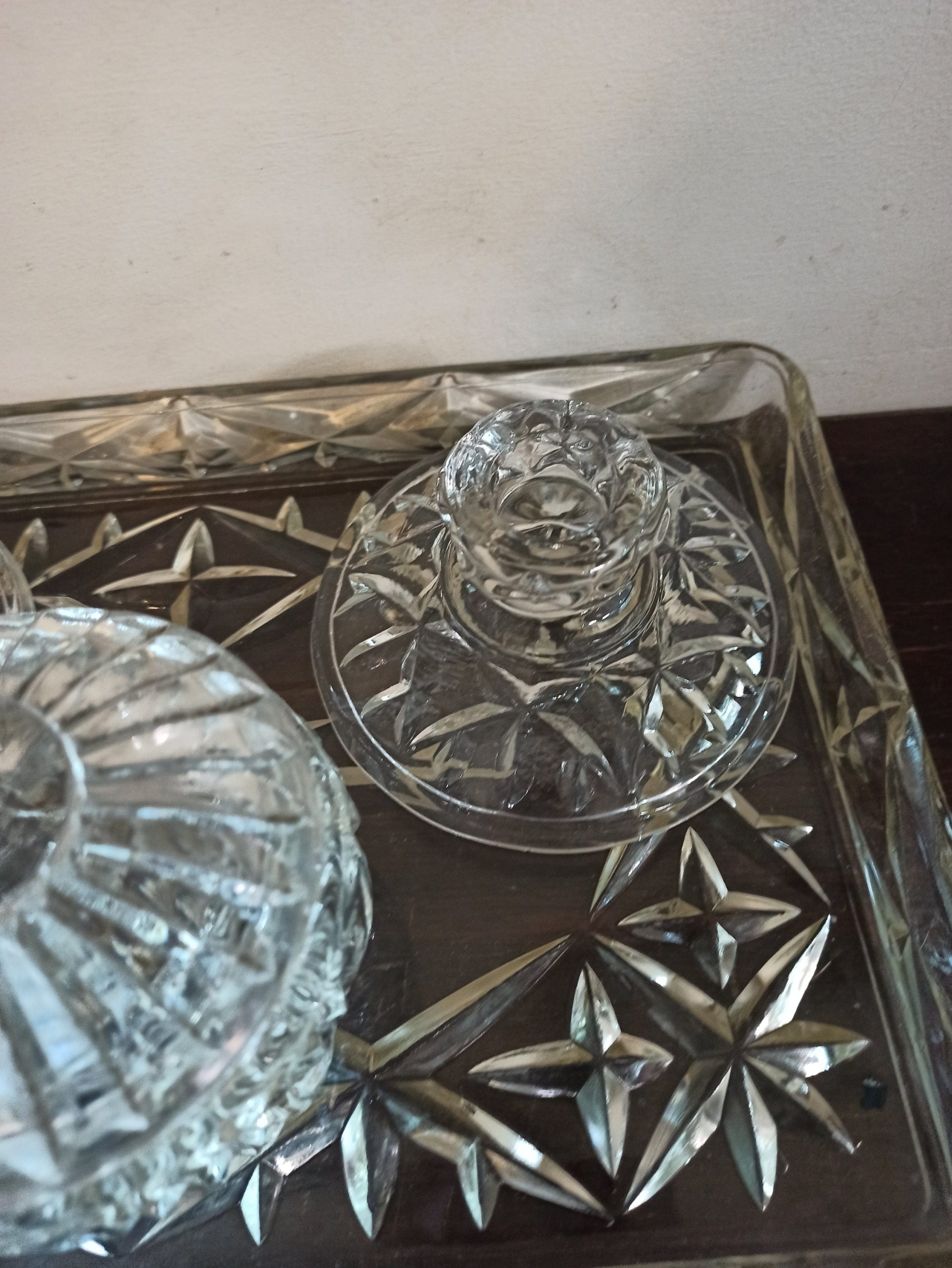 Vintage 4 Piece Glass Vanity Set. Very Good Condition. 2 x Small Candlesticks, 1 x Powder Jar x 1 x Tray. - Image 5
