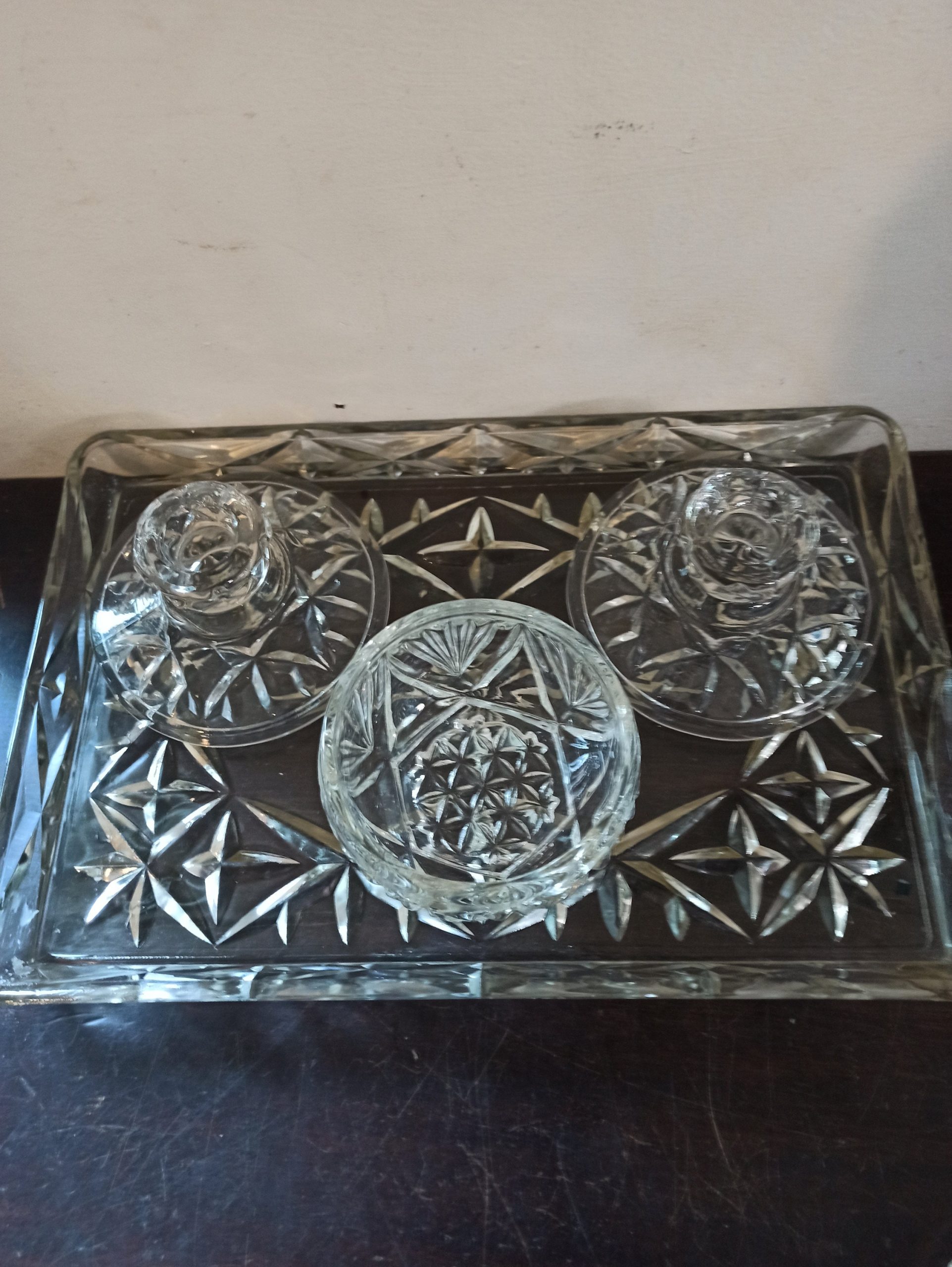 Vintage 4 Piece Glass Vanity Set. Very Good Condition. 2 x Small Candlesticks, 1 x Powder Jar x 1 x Tray. - Image 6
