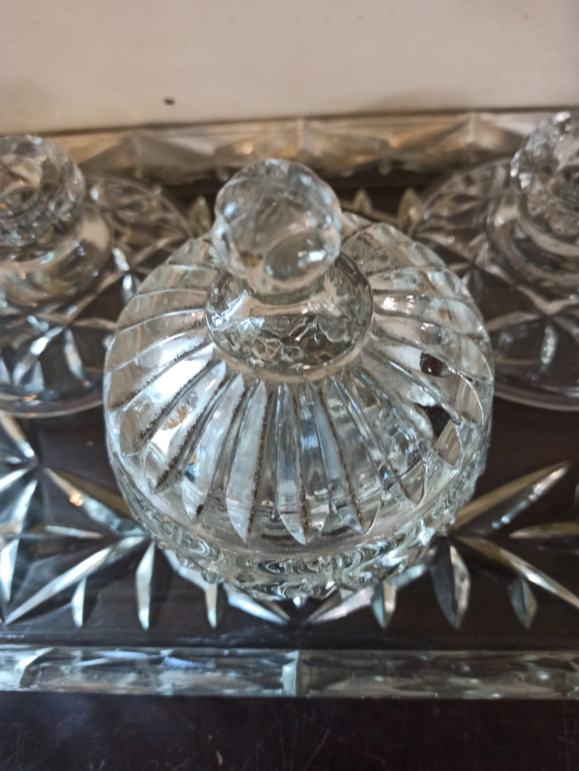 Vintage 4 Piece Glass Vanity Set. Very Good Condition. 2 x Small Candlesticks, 1 x Powder Jar x 1 x Tray. - Image 4