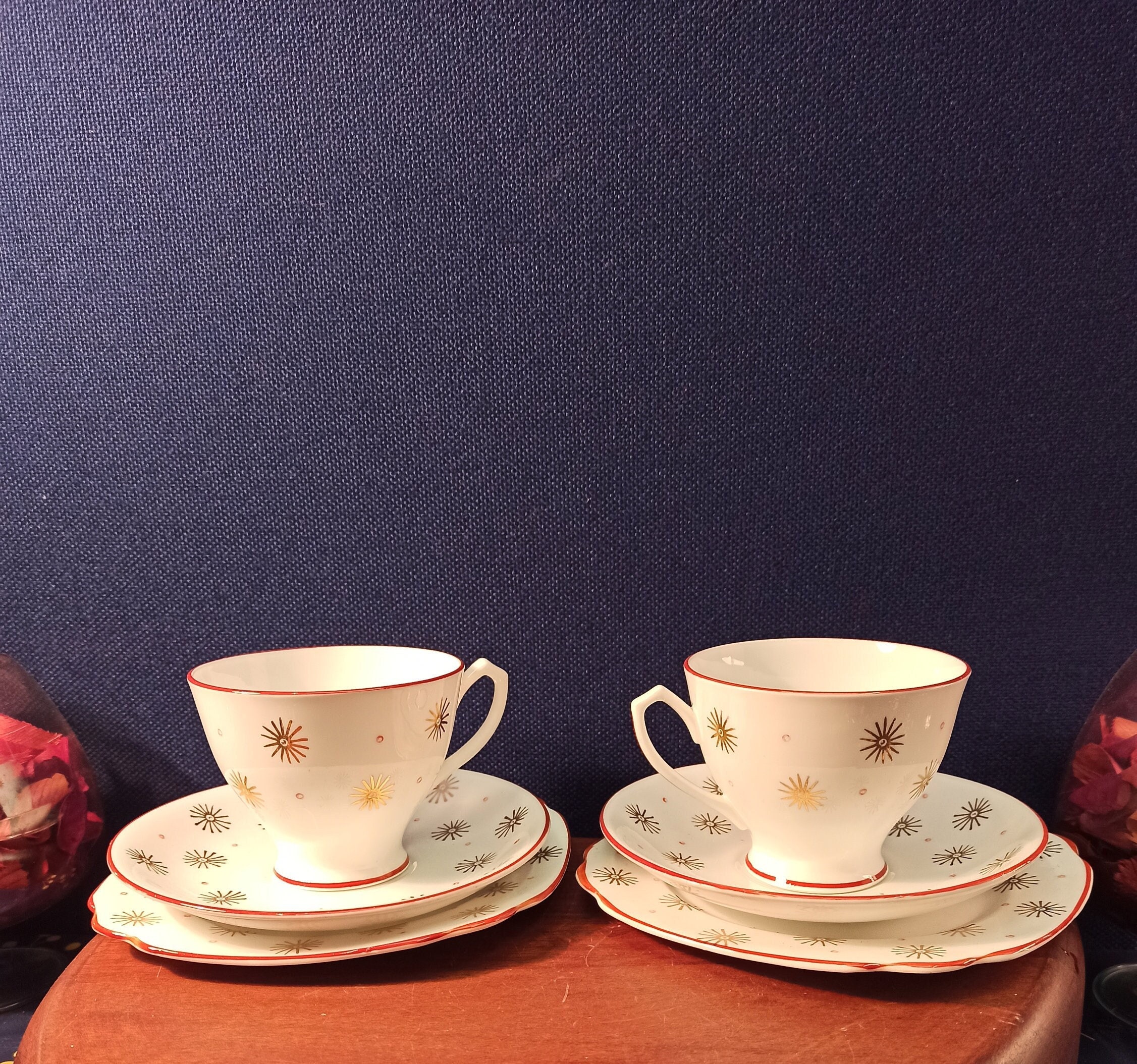 Set of Two Trios of Cups, Saucer and Cake Plate. Bone China.