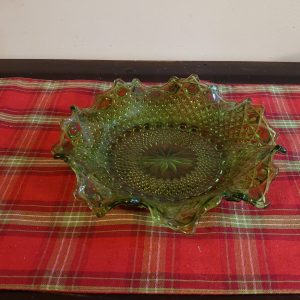 Green Hobnail Pattern and Scalloped Edge Glass Bowl - 24cm diameter