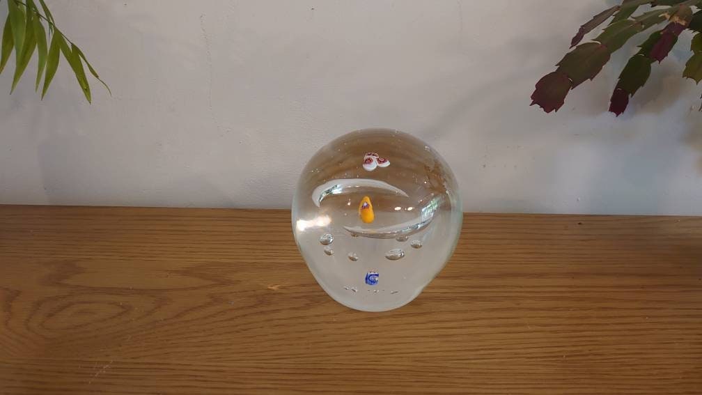 Very Large Clear Glass Paperweight Design with Small Mosaic Glass Detail. Very Heavy - also use as a Doorstop - h 13cm - w 12cm