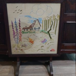 Metamorphic Vintage Side Table/Firescreen with Embroidered Sampler Panel depicting English Cottage Garden - Good Condition