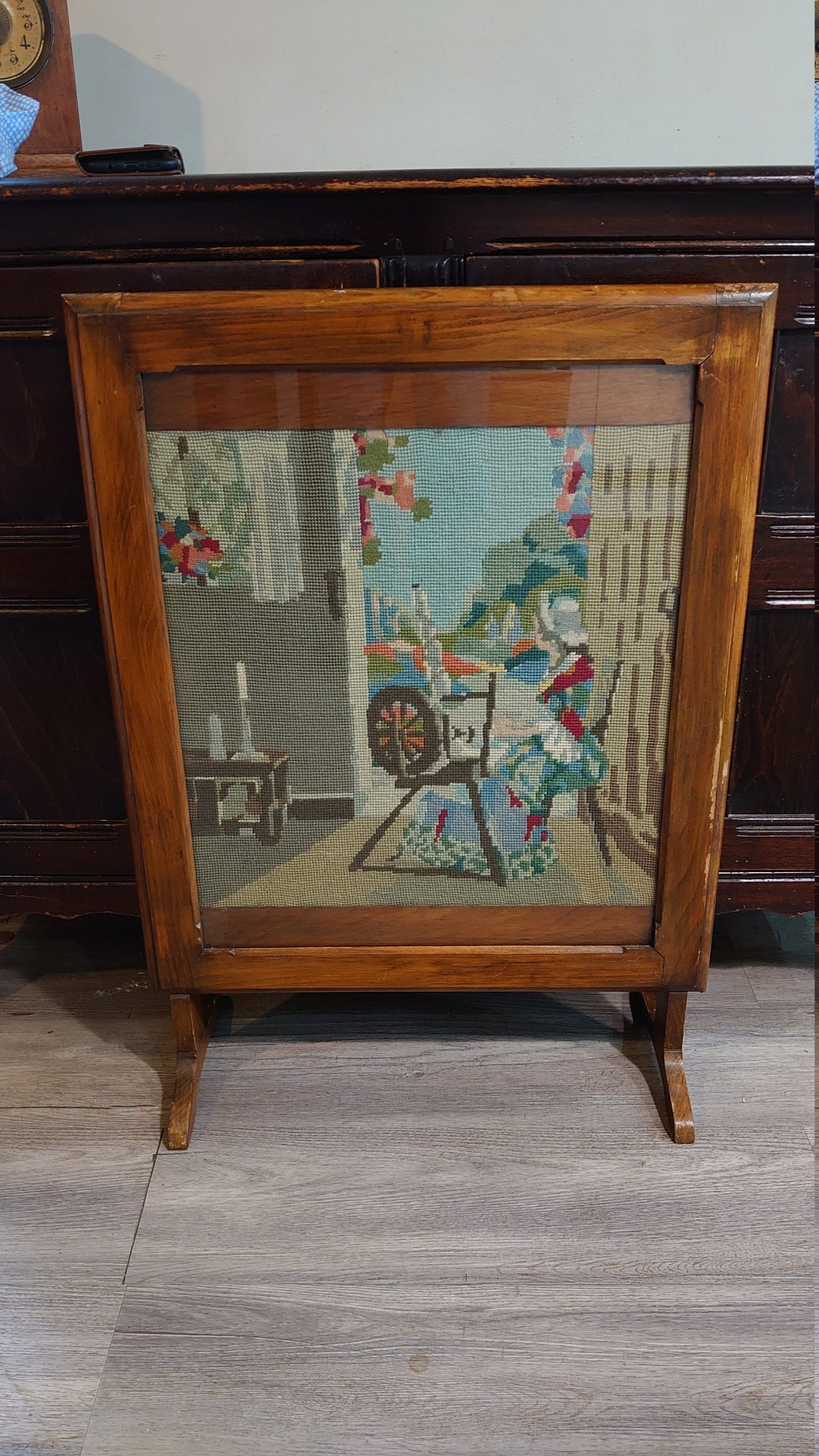 Firescreen with Knitted Scene of Lady on Spinning Wheel c1940s/50s in Very Good Condition - Image 2