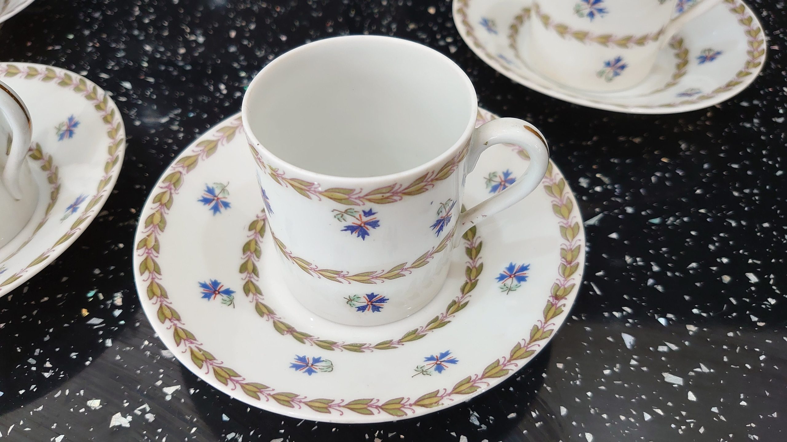 Vintage Austrian Ceramic Demitasse Tea Set - 4 Cups and Saucers - Blue Floral Embellishments - Very Good Condition - Image 3