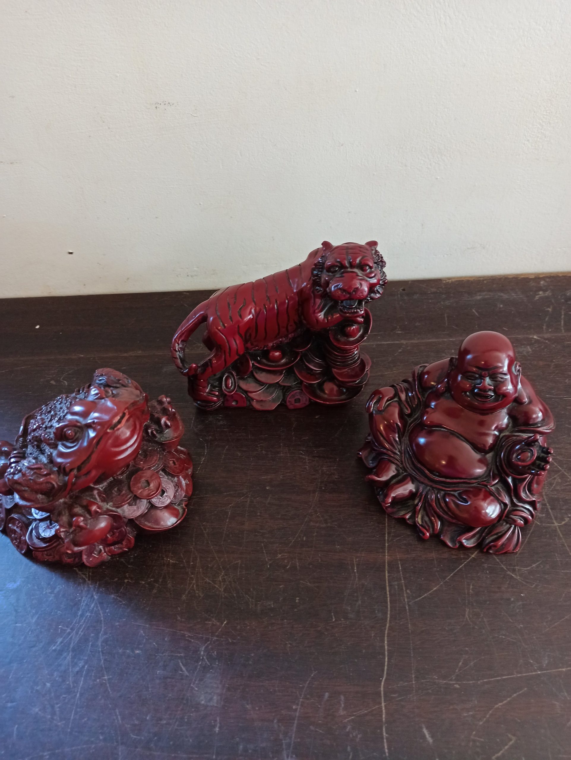 Vintage Deep Red Heavy Resin Ornaments. Buddha, Toad and Tiger - Image 2