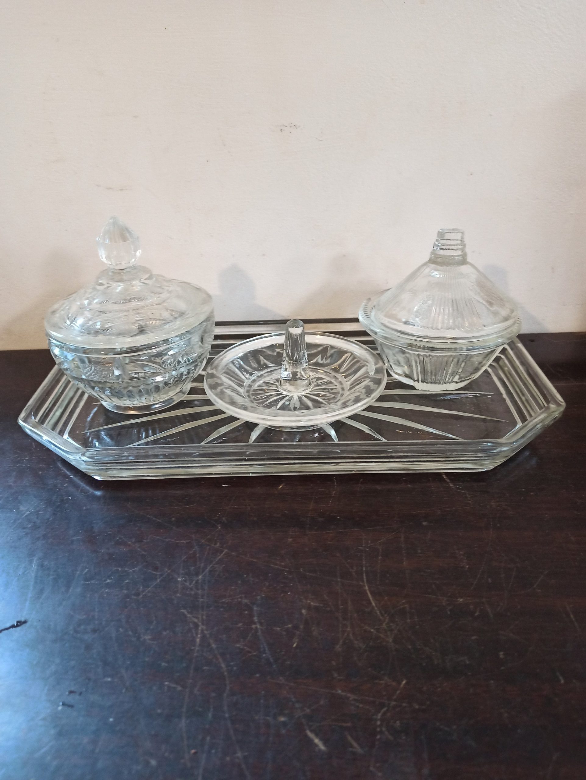 Dressing Table Vanity Set. 2 x Powder Jars And 1 x Ring Holder. Good Condition. - Image 2