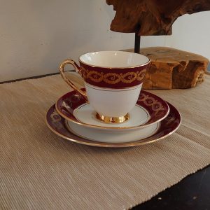 Windsor Bone China Trio of Cup, Saucer and Side Plate, Red and Gold Banding - Christmas Theme - Very Good condition