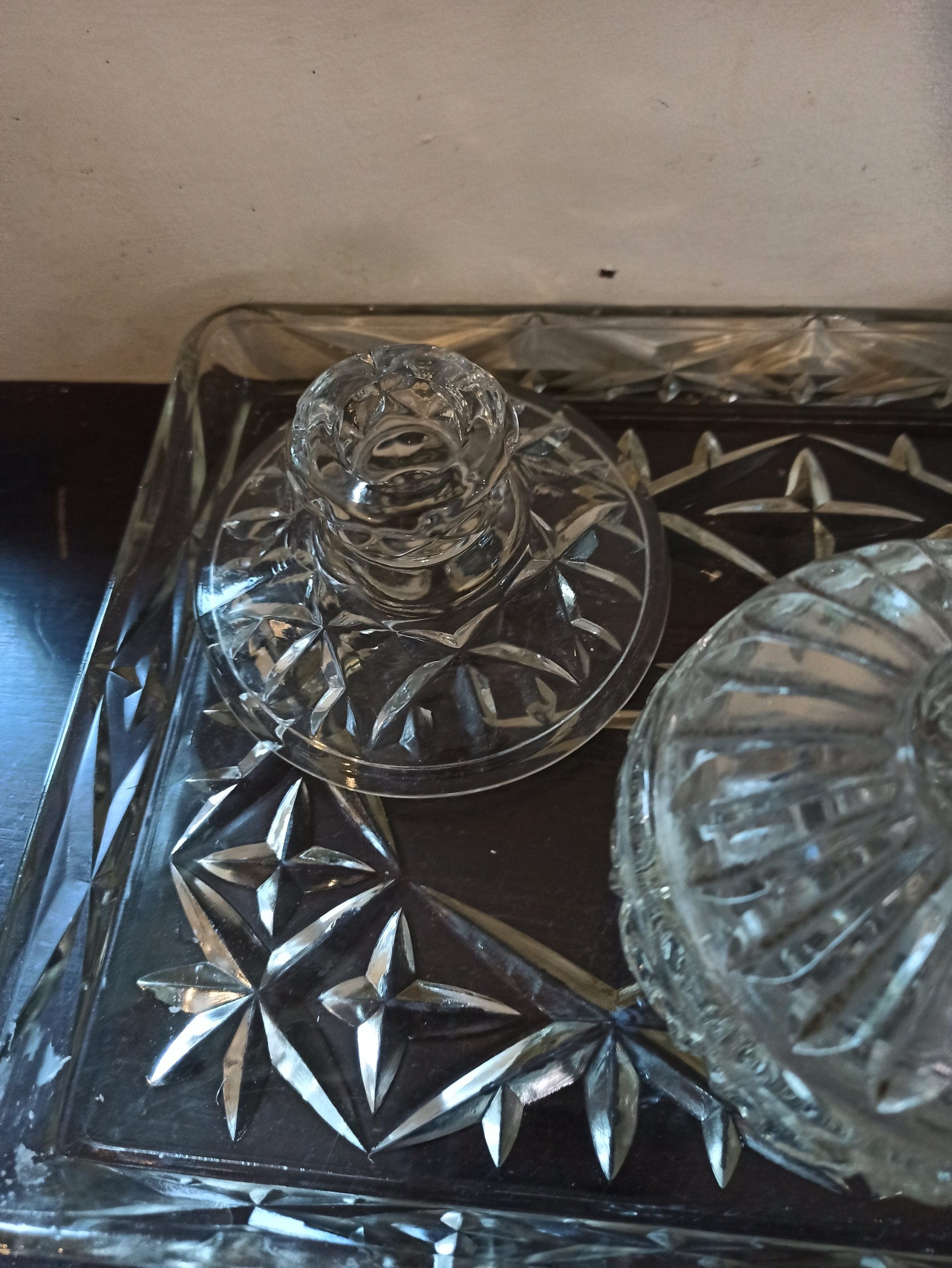 Vintage 4 Piece Glass Vanity Set. Very Good Condition. 2 x Small Candlesticks, 1 x Powder Jar x 1 x Tray. - Image 3