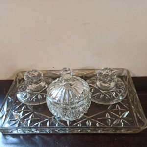 Vintage 4 Piece Glass Vanity Set. Very Good Condition. 2 x Small Candlesticks, 1 x Powder Jar x 1 x Tray.