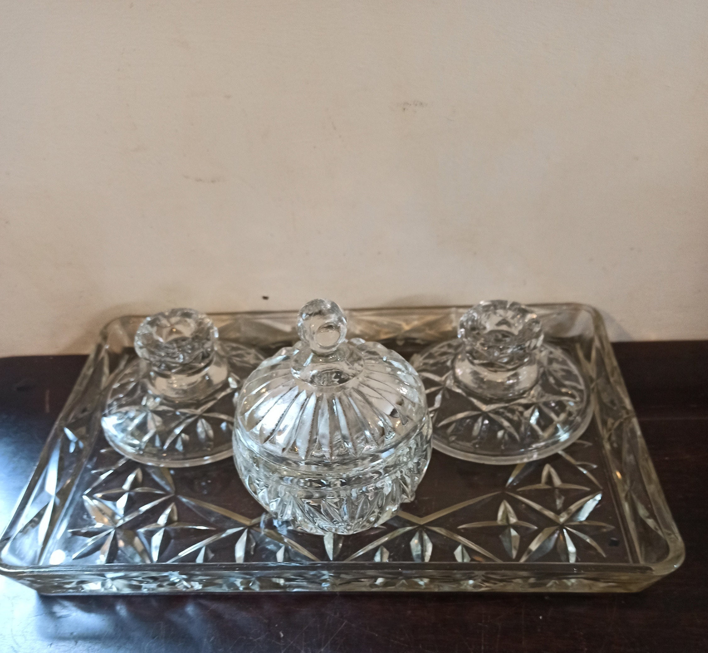Vintage 4 Piece Glass Vanity Set. Very Good Condition. 2 x Small Candlesticks, 1 x Powder Jar x 1 x Tray.