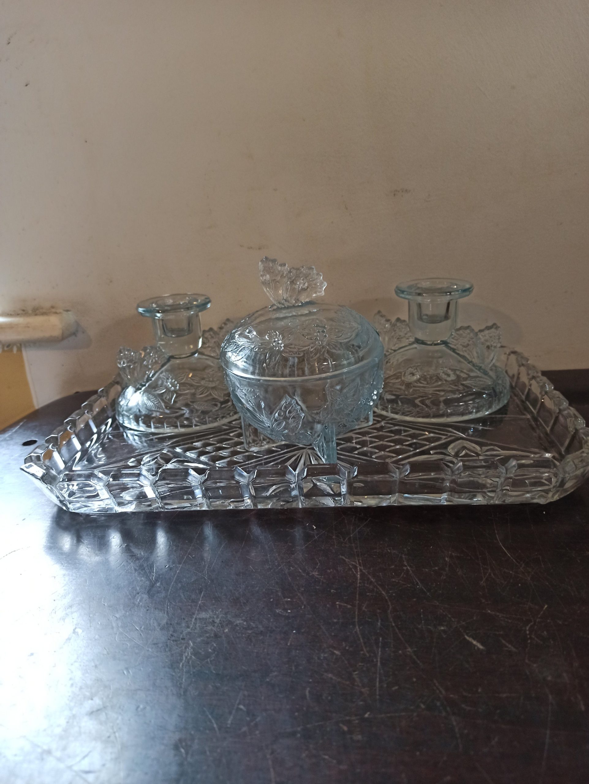 Vintage Glass 4 Piece Vanity Set. Art Nouveau Style. - Image 2