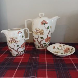 Burslem Midwinter Tea set. Designed by Jessie Tait. Teapot, Milk Jug and Sugar Bowl. "Ming Tree".