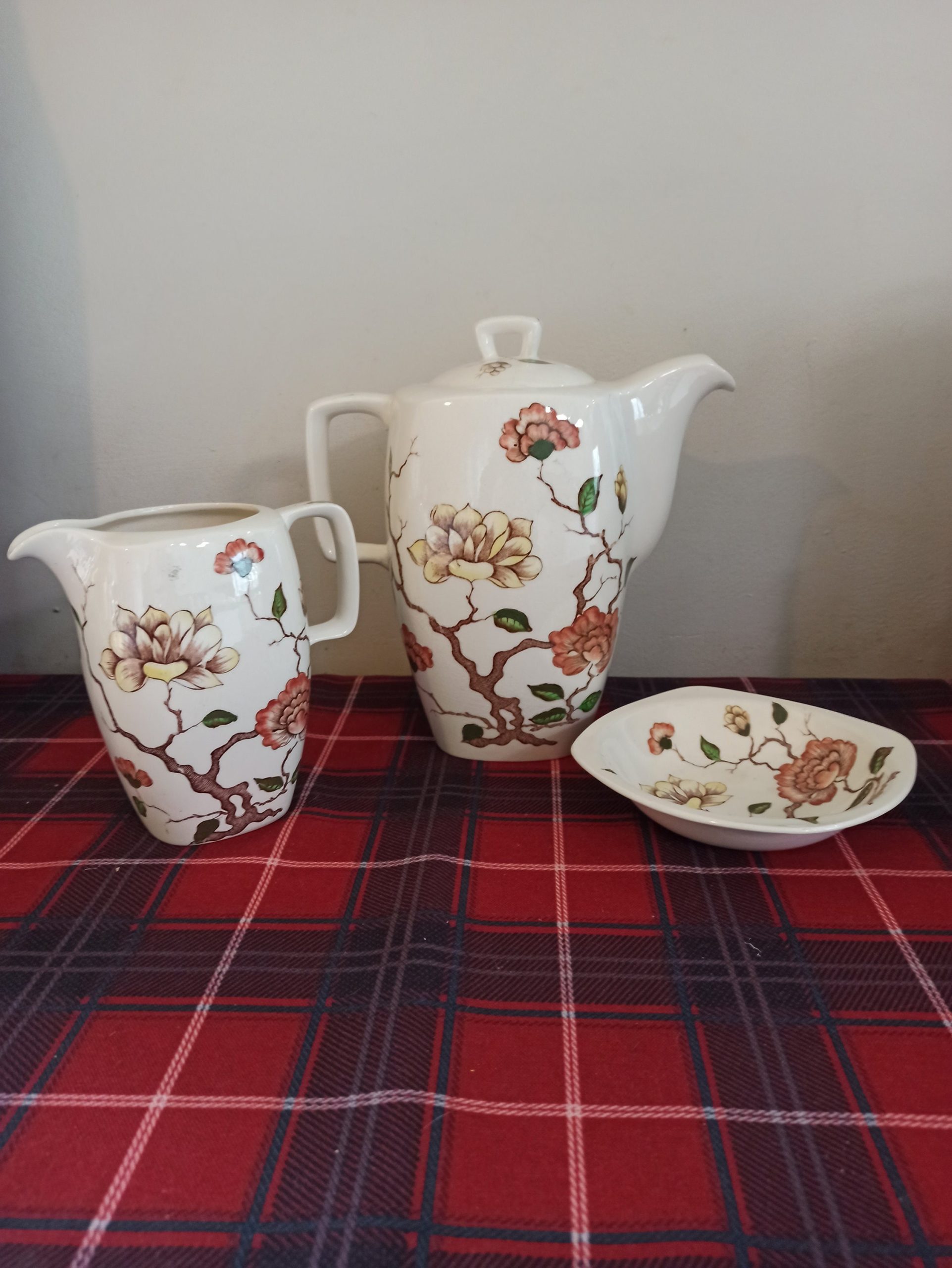 Burslem Midwinter Tea set. Designed by Jessie Tait. Teapot, Milk Jug and Sugar Bowl. "Ming Tree".