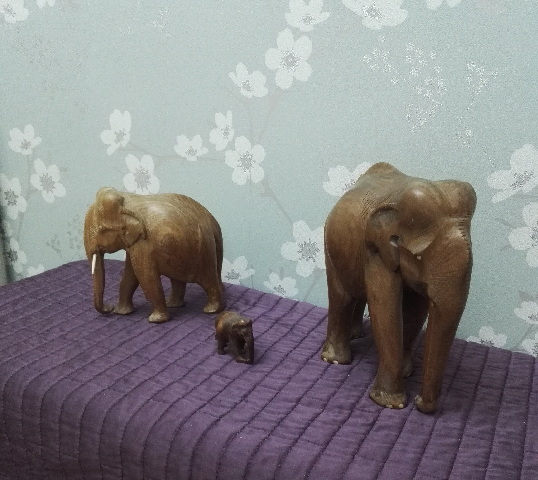 3 Carved Wooden Elephants - Acceptable to Good Condition - Great Gift Idea!