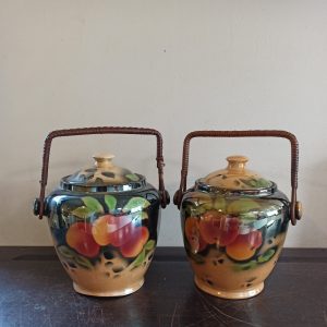 Vintage 1930s LustreWare Biscuit / Cookie Barrels. Wicker Handles.