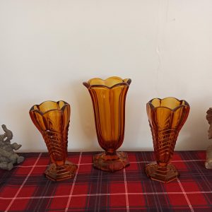 Trio of Amber Art Deco Style Vases. Excellent Condition.