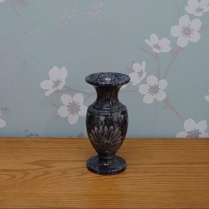 Small Marble Memorial Posy Urn - Grey Marble - Etched Floral Pattern - Very Good Condition - 16.5cm tall
