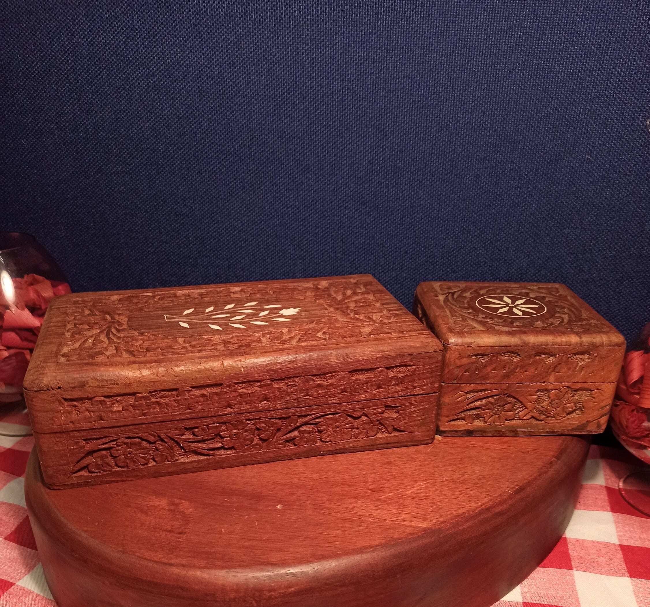 Pair of Carved Wooden Jewellery Boxes With Mother of Pearl Inlay. Good Condition.
